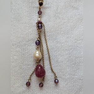 Dangle Garnet Pearl In Gold Overlay Earrings